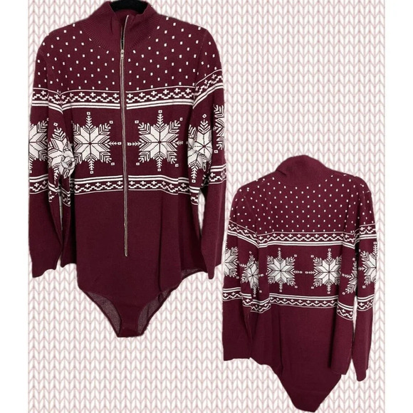 FTF +4 Maroon Fair Isle Snowflake Pattern Zip Front Long Sleeve Sweater Bodysuit - Picture 1 of 4